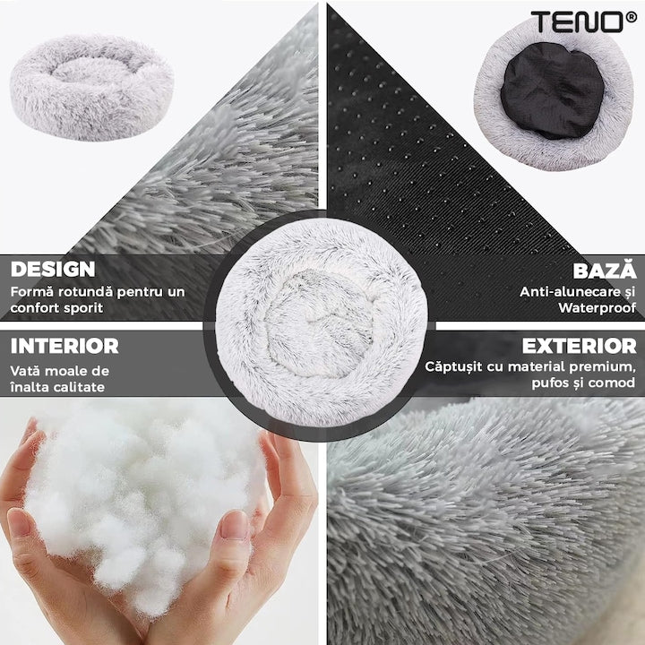 Pat Animale Teno®, captusit, moale, pufos si calduros, pentru caini si pisici, diametru 100cm, baza anti-alunecare, gri