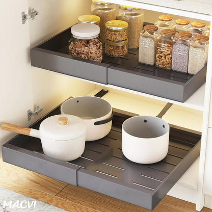 Organizator extensibil Macvi® pentru dulapuri, metal, sertar glisant, montare adeziva, capacitate mare, gri