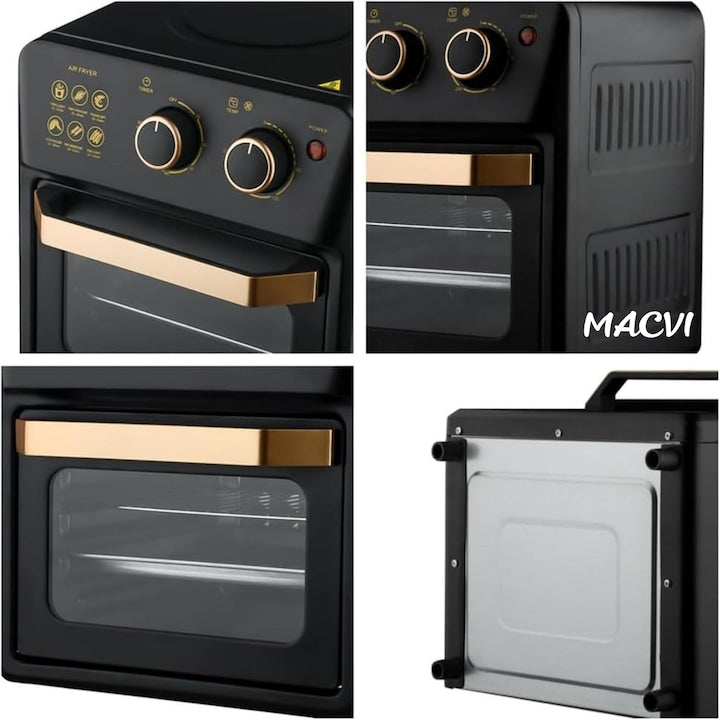 Friteuza cu Aer Cald Macvi®, Cuptor Electric cu Prajitor de Paine, Cuptor cu Convectie de 12L, Tehnologie de Circulatie a Aerului 360°