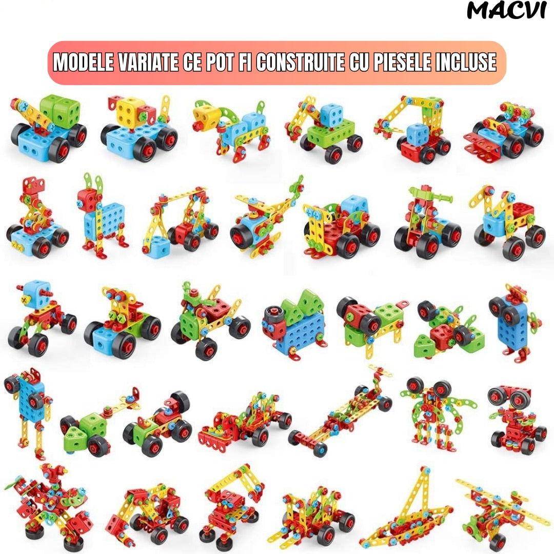 Jucarie educativa si interactiva Macvi® Set Constructie 404 Piese Puzzle 3D STEM, Cu Surubelnita Electrica, Multicolor, Pentru Copii 6+ Ani