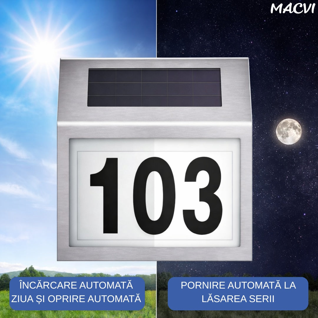 Placa Numar Casa Macvi® cu Iluminare Solara LED Montaj Exterior, Detectie Automata Noapte-Zi, Rezistenta la Intemperii, din Inox