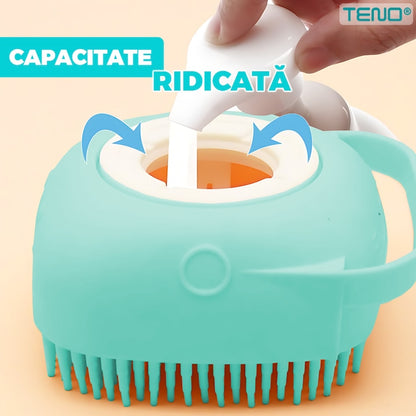 Perie din Silicon cu Dozator Teno®, universala, pentru oameni/animale, curatenia casei si a masinii, capacitate de sapun/sampon ridicata, silicon sigur, peri moi, multifunctionala, reutilizabila, turcoaz