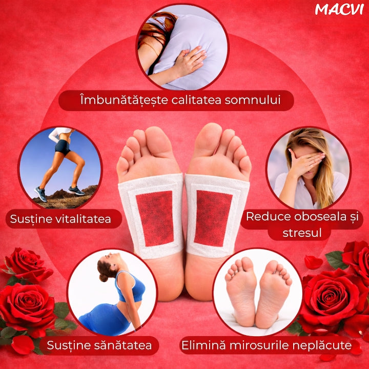 Set 10 Plasturi Plasturi Detox KINOKI Macvi® pentru Picioare cu trandafir, Detoxifiere Naturala, Eliminare Toxine, Reducere Miros Neplacut, Imbunatatire Somn, Relaxare si Revitalizare