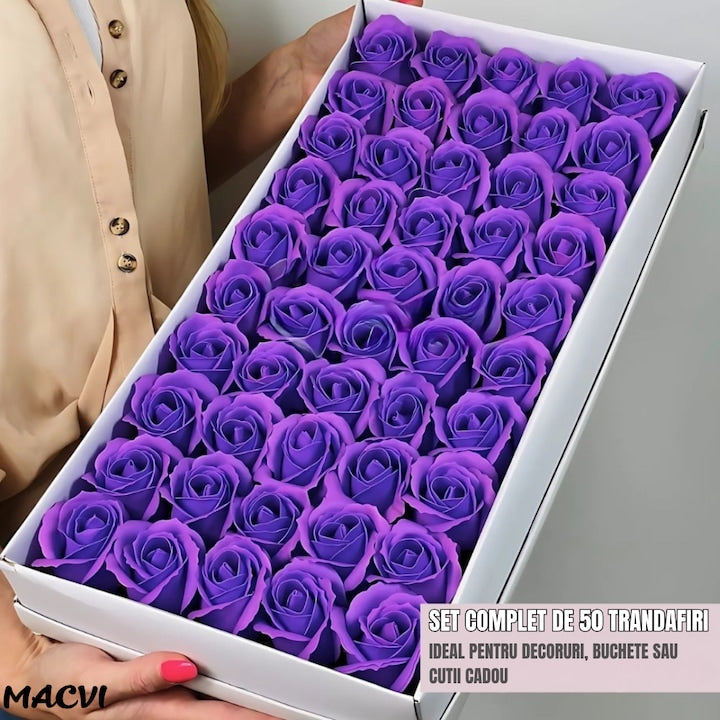 Set 50 trandafiri din sapun, 5x5 cm, calitate premium, decor si cadou elegant, Mov