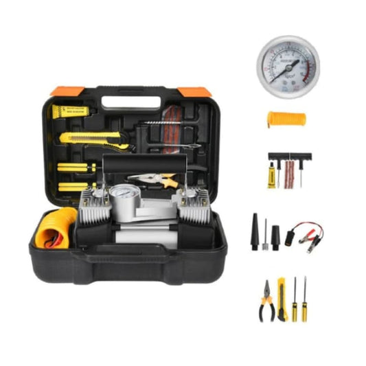Compresor auto Macvi® 12V cu 2 cilindri, furtun 5 m, kit pana si unelte incluse