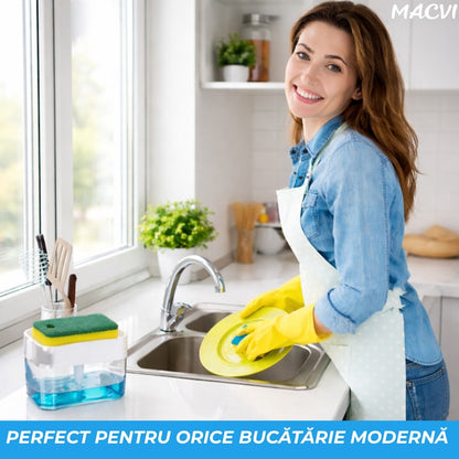 Dispenser detergent Macvi® 380 ml cu suport pentru burete, actionare prin apasare, economisire detergent