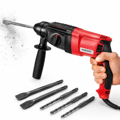 Rotopercutor Macvi 2650W SDS Plus, 3 moduri, 1300 RPM, pentru beton, lemn, zidarie, kit burghie si dalta