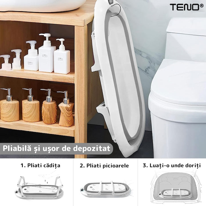 Cadita cu Pernuta pentru Bebelusi Teno®, termometru digital incorporat, pliabila, dop de scurgere, picioare anti-alunecare, design ergonomic, 75 x 45 x 22 cm, gri cu stelute
