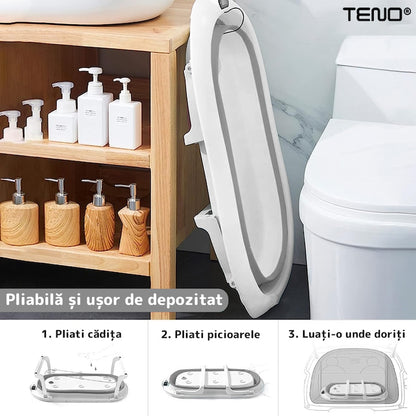 Cadita cu Pernuta pentru Bebelusi Teno®, termometru digital incorporat, pliabila, dop de scurgere, picioare anti-alunecare, design ergonomic, 75 x 45 x 22 cm, gri cu stelute