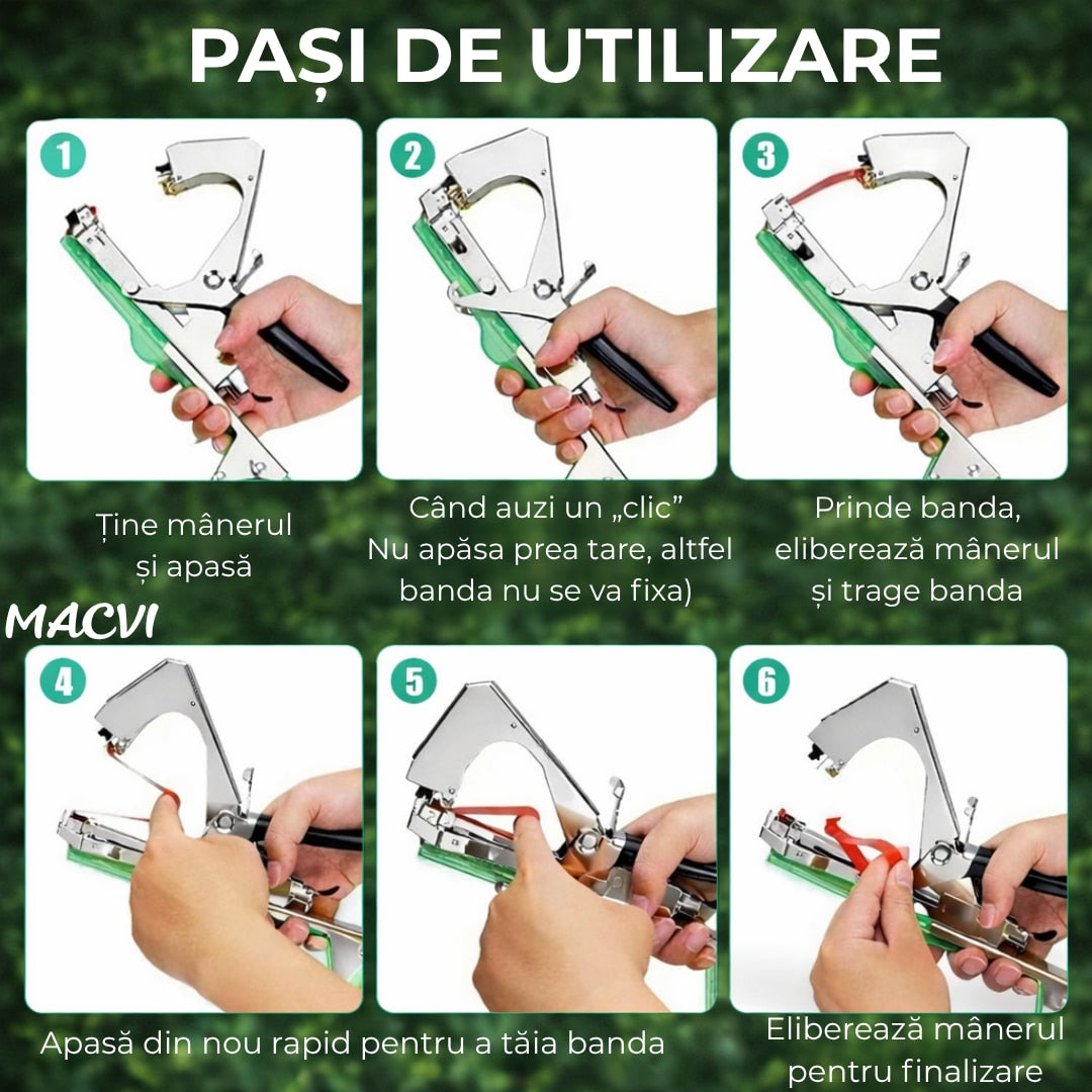 Aparat pentru legarea plantelor Macvi® cu 200 capse si rola de legat, Ideal pentru vie, pomi, legume si flori