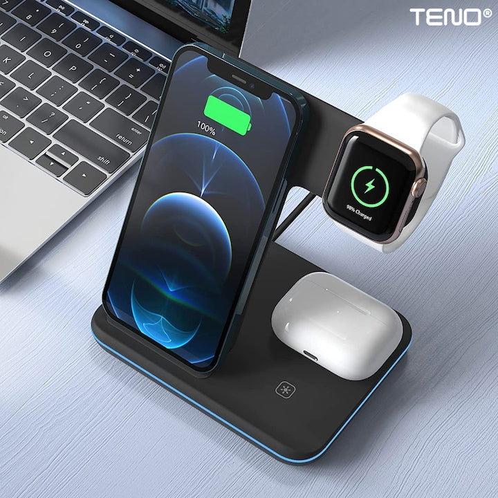 Incarcator Wireless Teno®, Statie de Incarcare 3in1, LED indicator inteligent, Fast Charge, incarcare rapida, compatibilitate universala, negru