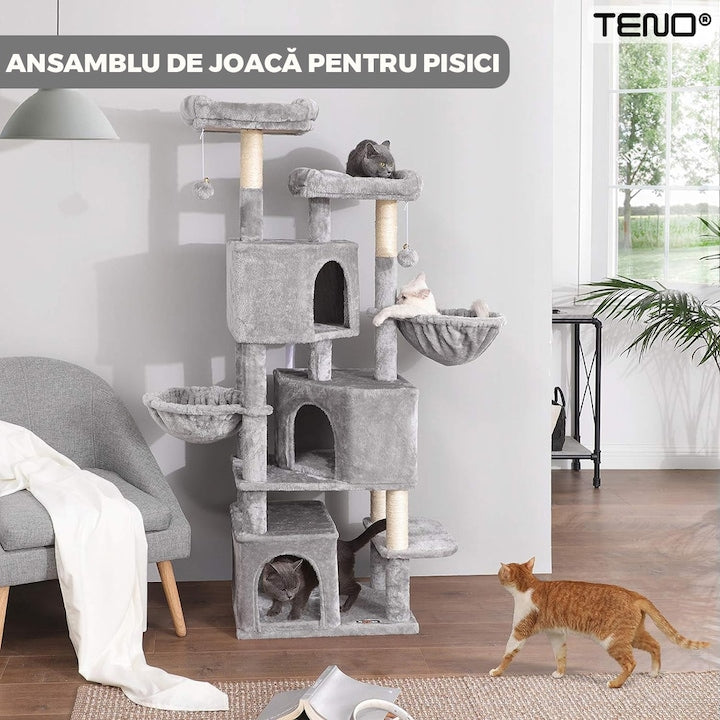 Ansamblu de Joaca pentru Pisici Teno®, cu 3 platforme de observatie, 5 niveluri, 3 casute, franghie si minge de joaca, stalpi pentru zgariat, captuseala extra moale, structura stabila, 164 cm, gri deschis