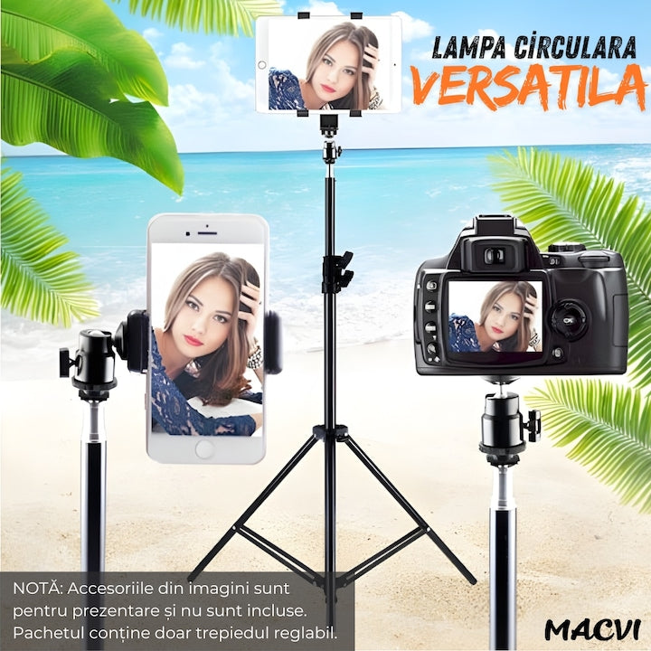 Trepied reglabil 2m Macvi® pentru camera foto, video, telefon si lampa circulara, suport profesional din aluminiu, prindere 1/4", ideal pentru vlogging, fotografie si live streaming