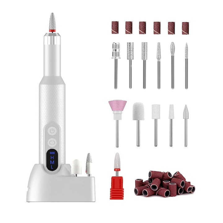 Pila Electrica Profesionala pentru Unghii Teno®, freza wireless, 18000 RPM, ecran LED, manichiura-pedichiura, 12 capete pentru pila, 36 benzi de slefurie, portabila, alba