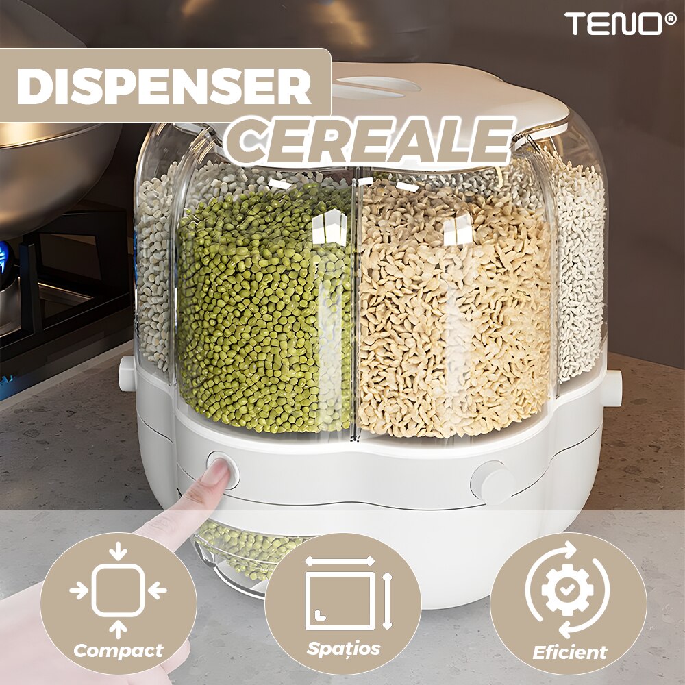 Dozator rotativ Macvi® pentru cereale si alimente uscate, 6 compartimente, capacitate 6.5 kg, sertar detasabil, alb, rotire 360°