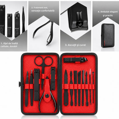 Set manichiura pedichiura Macvi® 15 piese din inox cu husa din piele ecologica si interior de velur sintetic rosu pentru ingrijirea completa a unghiilor
