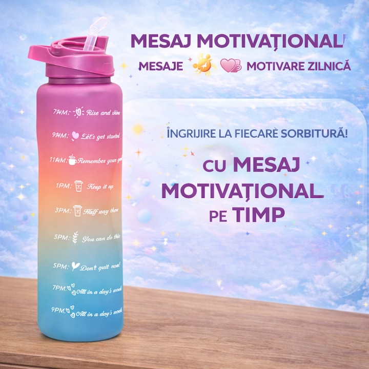 Set 3 Sticle de Apa Motivationale TENO®, 2000ml + 900ml + 300ml, Tritan fara BPA, Pai inclus, Deschidere automata, roz