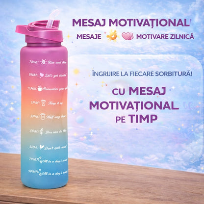 Set 3 Sticle de Apa Motivationale TENO®, 2000ml + 900ml + 300ml, Tritan fara BPA, Pai inclus, Deschidere automata, mov