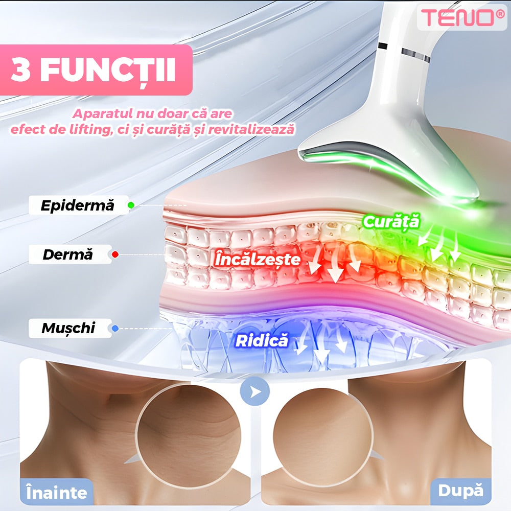 Dispozitiv Anti-Rid Teno®, aparat de masaj facial si pentru gat, suport inclus, cu incalzire pana la 42°C, 3 moduri de vibratie, fototerapie, lifting si reducerea ridurilor, alb