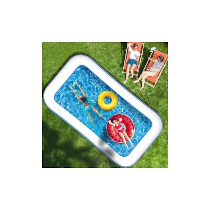 Piscina gonflabila familiala Macvi® 201 x 150 x 51 cm, 2 inele gonflabile, capacitate 450 L, PVC rezistent, pentru copii si adulti, curte, gradina si terasa, alb/albastru