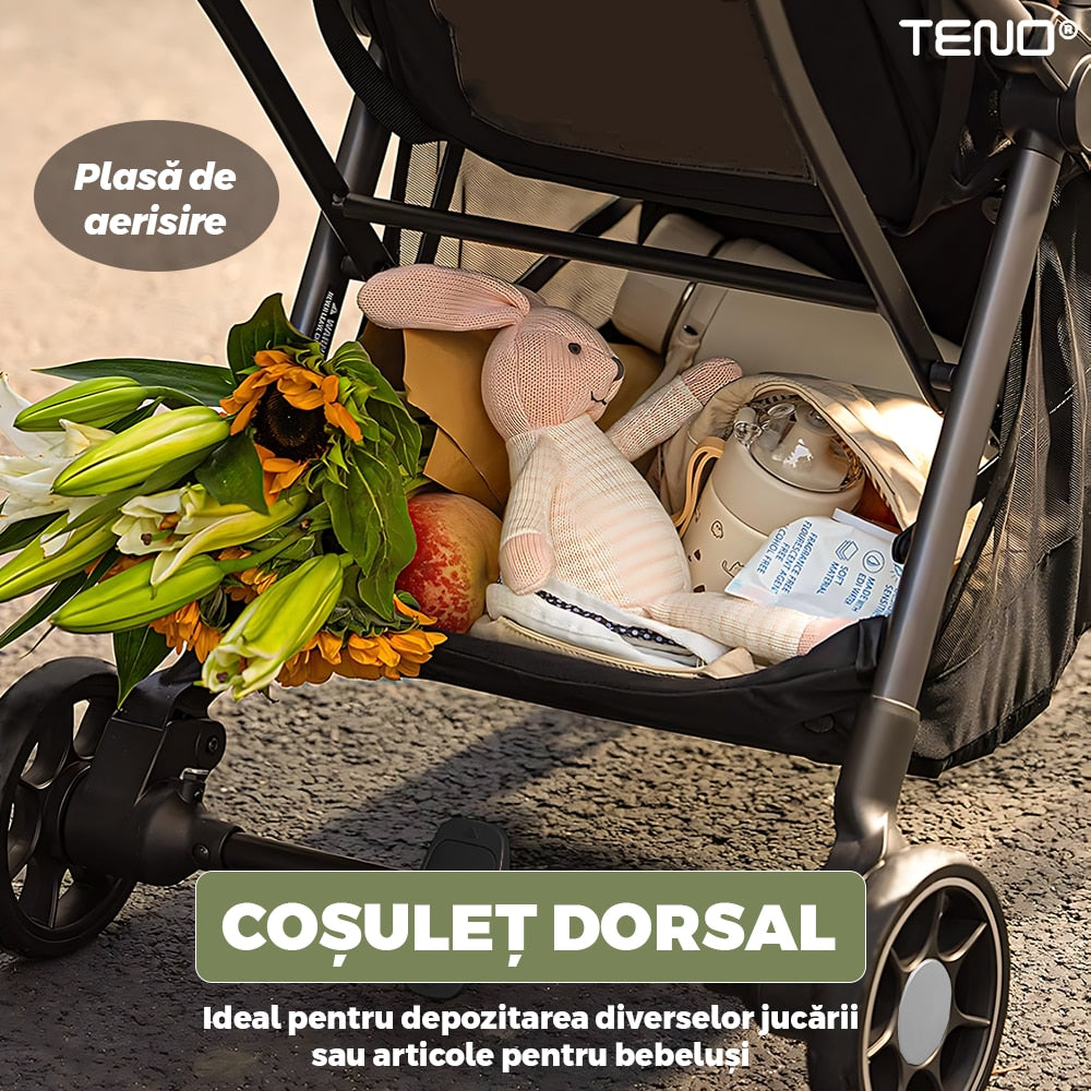 Carucior Sport pentru Bebelusi Teno®, pliabil, usor de carat, sezut reglabil, spatios, cosulet dorsal, copertina retractabila, greutate maxima suportata 25 kg, kaki