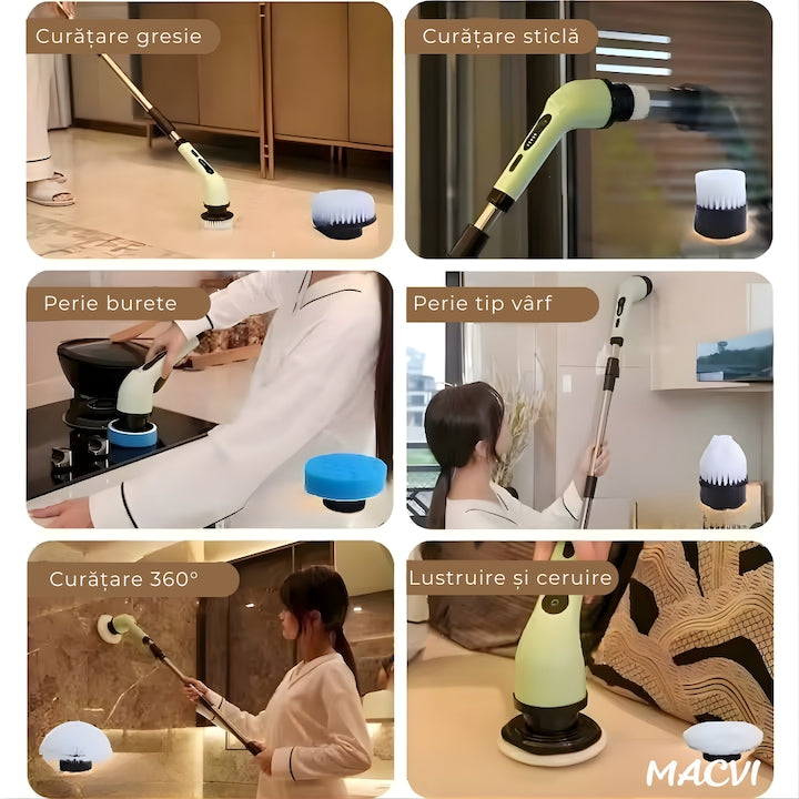 Perie electrica rotativa Macvi® 9 in 1 cu 9 capete interschimbabile, 2 viteze reglabile, wireless, IPX7, maner extensibil, autonomie mare, LED