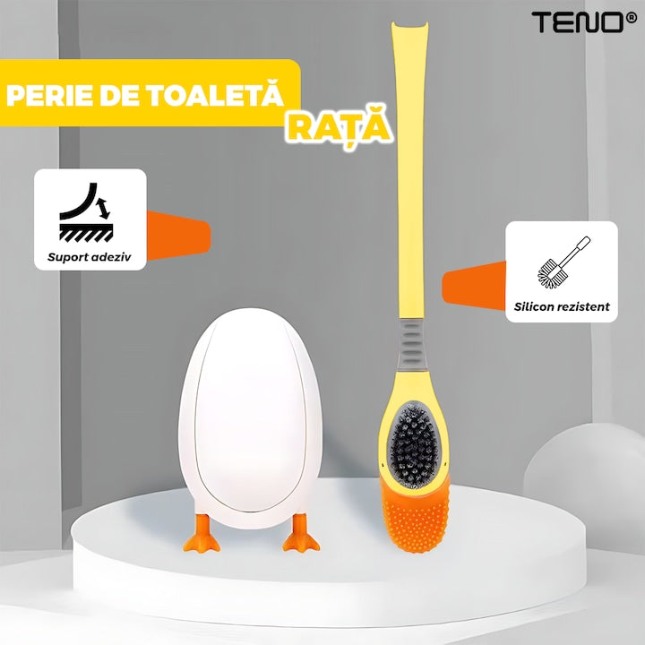 Perie pentru Toaleta Ratusca Teno®, din silicon, model adorabil, carcasa ou, suport adeziv montabil pe orice suprafata, 2 capete, capat cioc din silicon, capat cu peri pentru pete, galben