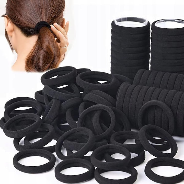 Set 100 elastice par Macvi®, negre, fara cusaturi, anti alunecare, nu rup parul, elastice rezistente, 3.8 cm, utilizare zilnica