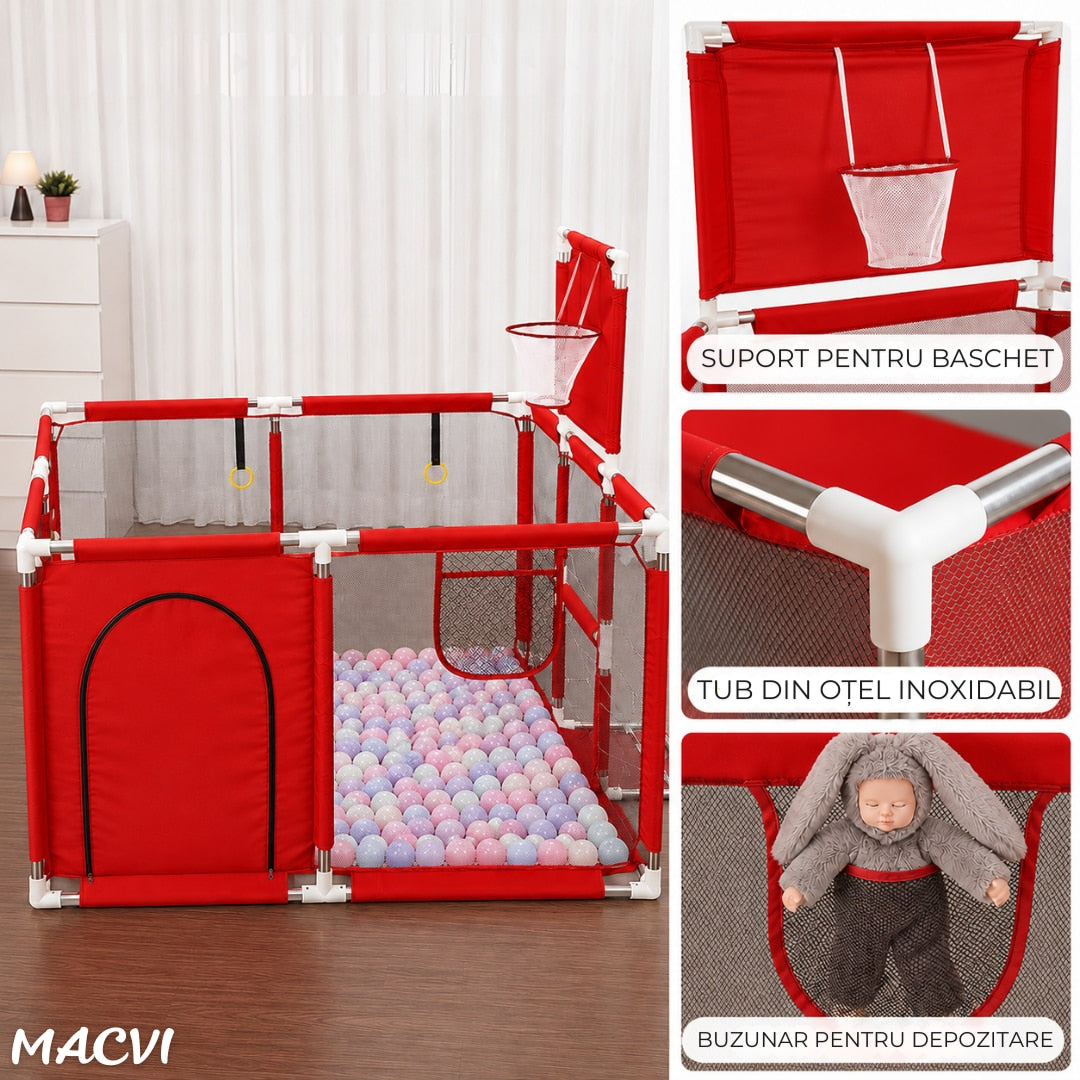 Tarc pentru copii Macvi® 100 bile incluse, gard de siguranta, 6 luni - 6 ani, 190x129x66 cm, usor de montat, otel inoxidabil, rosu