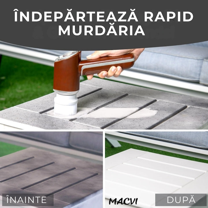 Perie electrica de curatare MACVI, fara fir, 350 RPM, set cu 5 capete interschimbabile, pentru bucatarie si baie