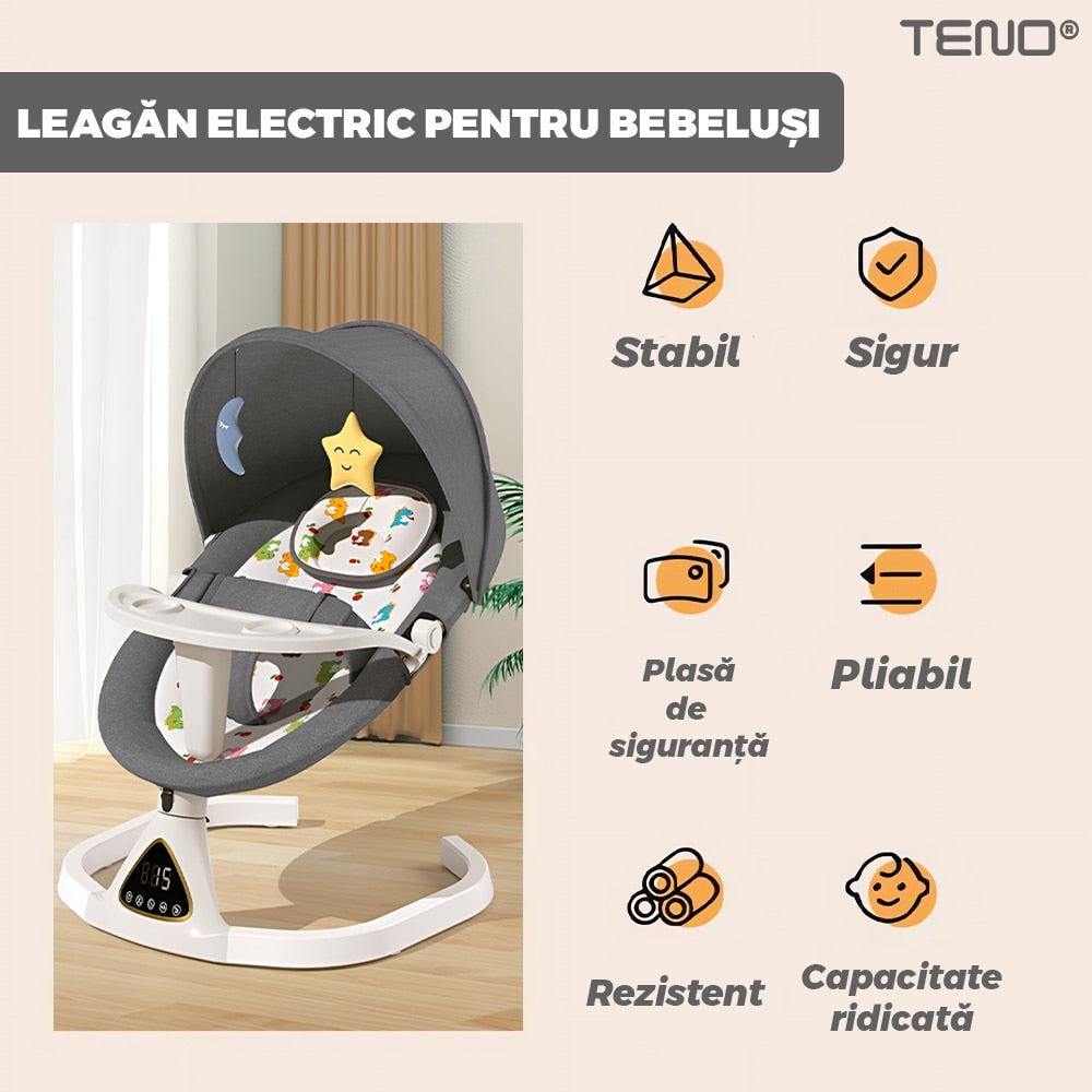 Leagan Electric Teno®, conectivitate Bluetooth, control tactil, tava detasabila, acoperis rabatabil, plasa protectie tantari pentru bebelusi, jucarii, muzica, gri inchis
