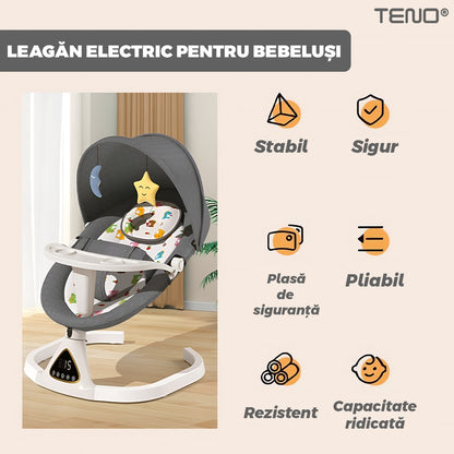 Leagan Electric Teno®, conectivitate Bluetooth, control tactil, tava detasabila, acoperis rabatabil, plasa protectie tantari pentru bebelusi, jucarii, muzica, gri inchis