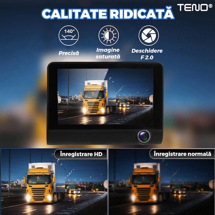 Camera Auto Tripla Teno®, fata, spate, interior, laterale, vizualizare unghi de 140°, camera marsarier, ecran de 4”, LED, full HD 1080p, loop recording, negru