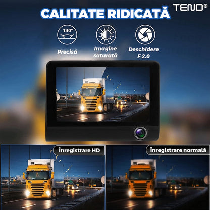 Camera Auto Tripla Teno®, fata, spate, interior, laterale, vizualizare unghi de 140°, camera marsarier, ecran de 4”, LED, full HD 1080p, loop recording, negru