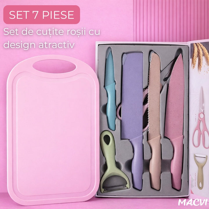 Set cutite bucatarie Macvi® 7 piese, otel inoxidabil, foarfece, curatator legume, tocator inclus, pentru carne, fructe si legume
