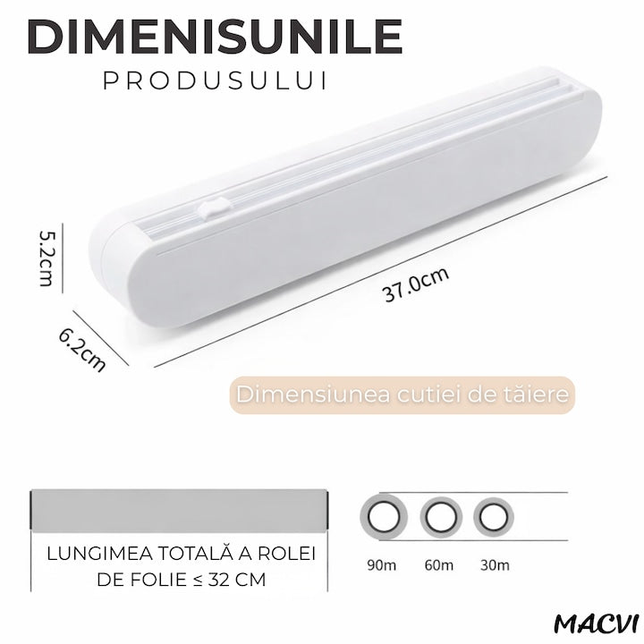 Dispenser folie alimentara, Macvi, 37cm, 12 ventuze antialunecare, alb