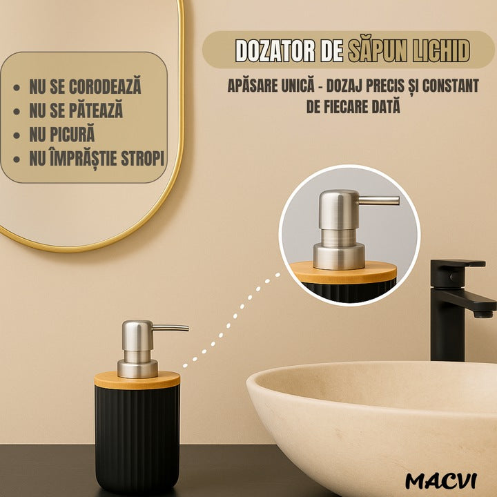 Set Baie Macvi® 6 Piese Negru Mat cu Accente de Lemn, Cos Gunoi, Perie WC, Dozator Sapun, Suport Periute, Pahar si Sapuniera