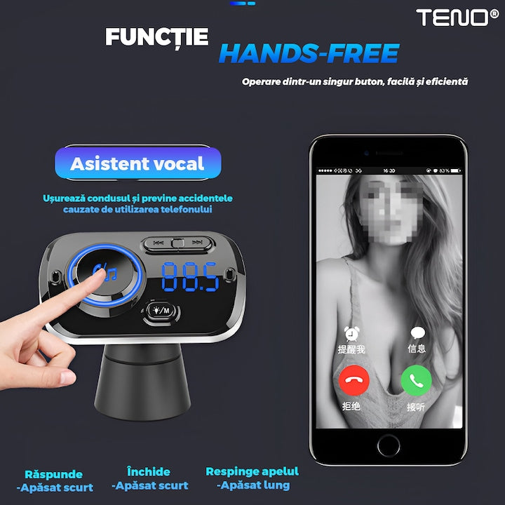 Modulator Auto FM Teno, Bluetooth 5.0, Functie Dubla Incarcare, Afisaj LED, Negru