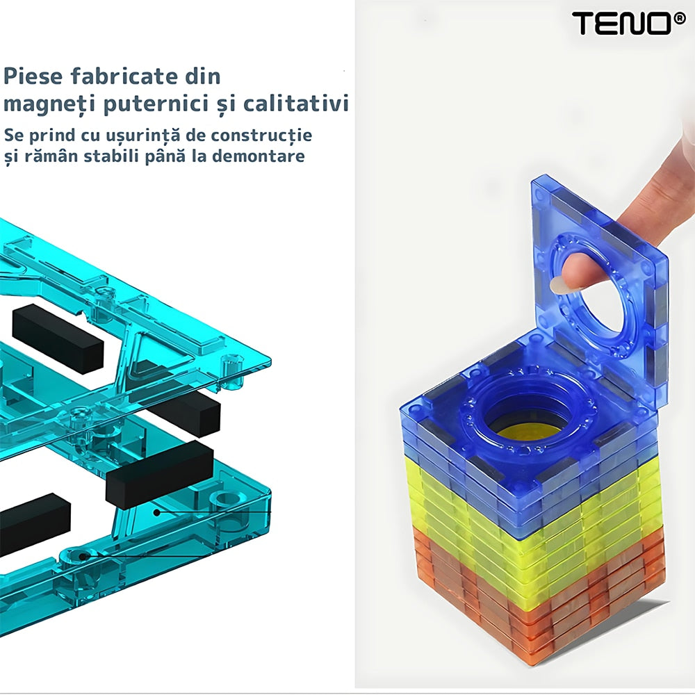 Set Inteligent si Creativ Magnetic 3D Teno®, 125 Piese, traseu cu bile, creativ, numeroase posibilitati de construit, dezvoltarea abilitatilor motrice si a imaginatiei, multicolor