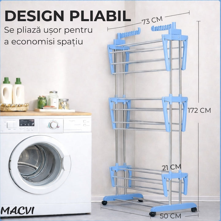 Uscator vertical pentru rufe Macvi®, cu 3 nivele de uscare, mobil si pliabil, suport umerase, albastru