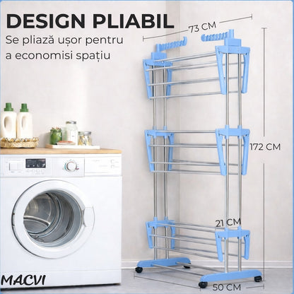 Uscator vertical pentru rufe Macvi®, cu 3 nivele de uscare, mobil si pliabil, suport umerase, albastru