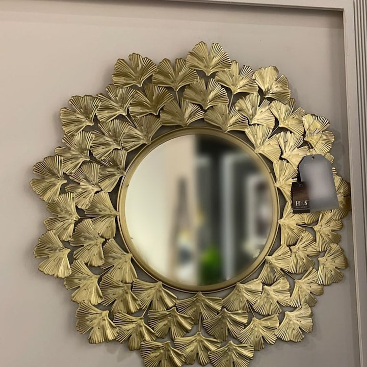 Oglinda Decorativa Macvi® cu Rama Metalica Aurie 32 cm Model Frunze Eleganta pentru Living Dormitor Hol