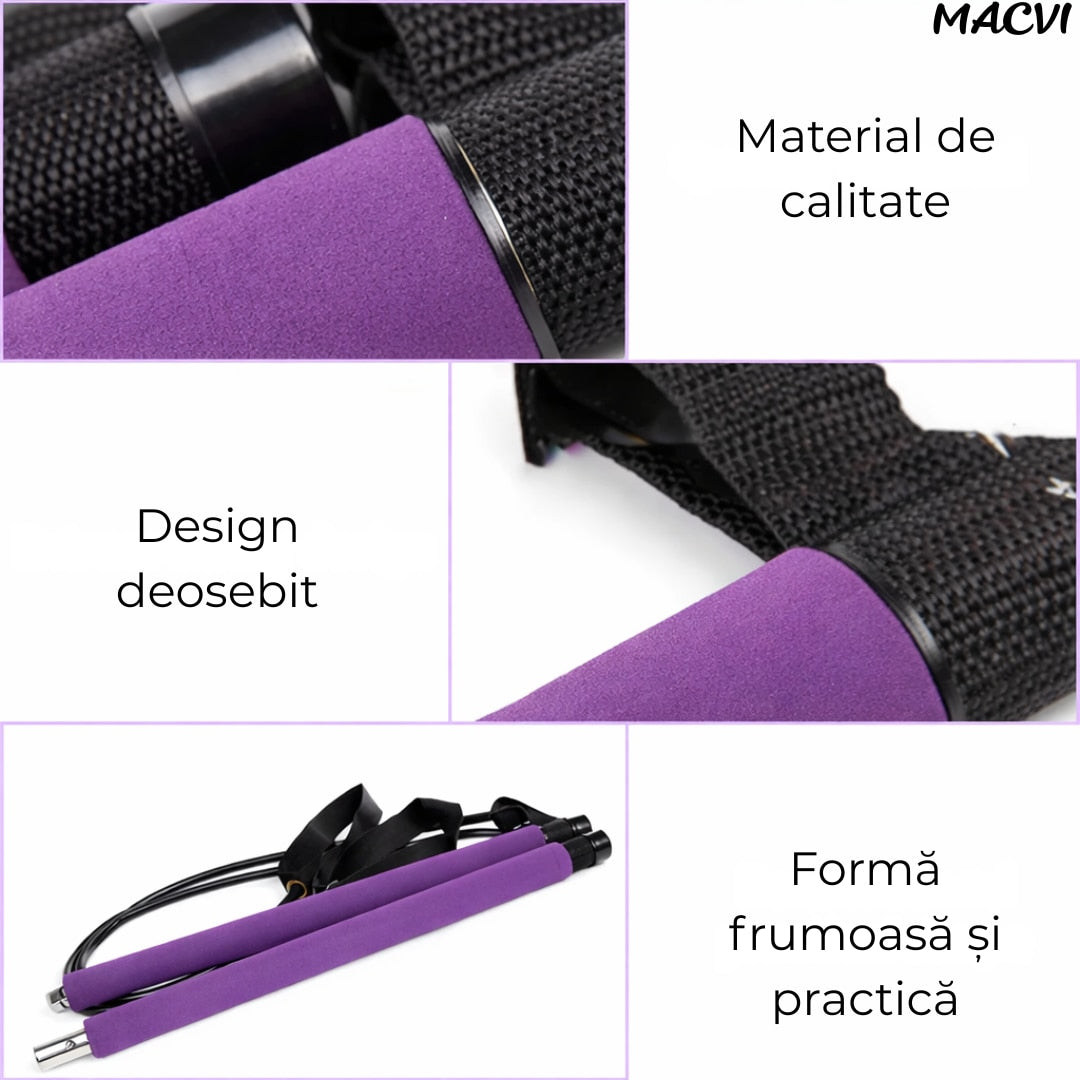 Bara Fitness Macvi® cu Benzi Elastice Reglabile, Multifunctionala pentru Antrenamente Complete, Rezistenta Ajustabila, Culoare Mov