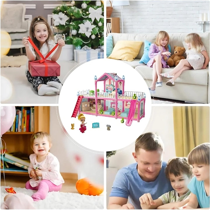 Casuta de papusi Macvi® 179 piese, 2 etaje, 6 camere, terase si scari, mobilier si accesorii incluse, cu catel si papusa, roz, model 556-73, jucarie pentru copii 3+ ani