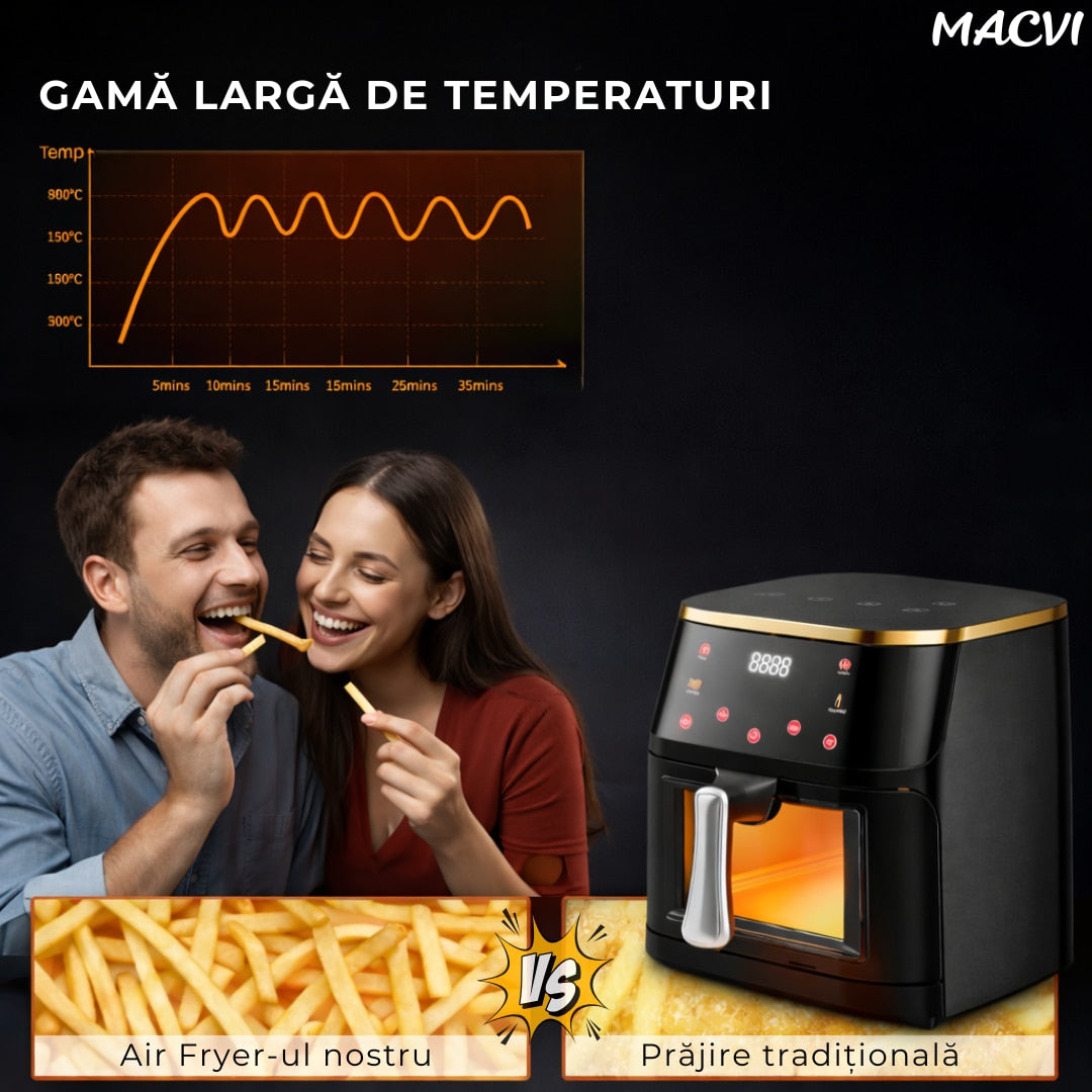 Friteuza aer Macvi® cu aer cald 12L 2400W, fereastra transparenta, panou digital touch, 8 programe presetate, control temperatura 80-200°C, timer 0-60 min, gatire fara ulei, functie 3D, aer circulant