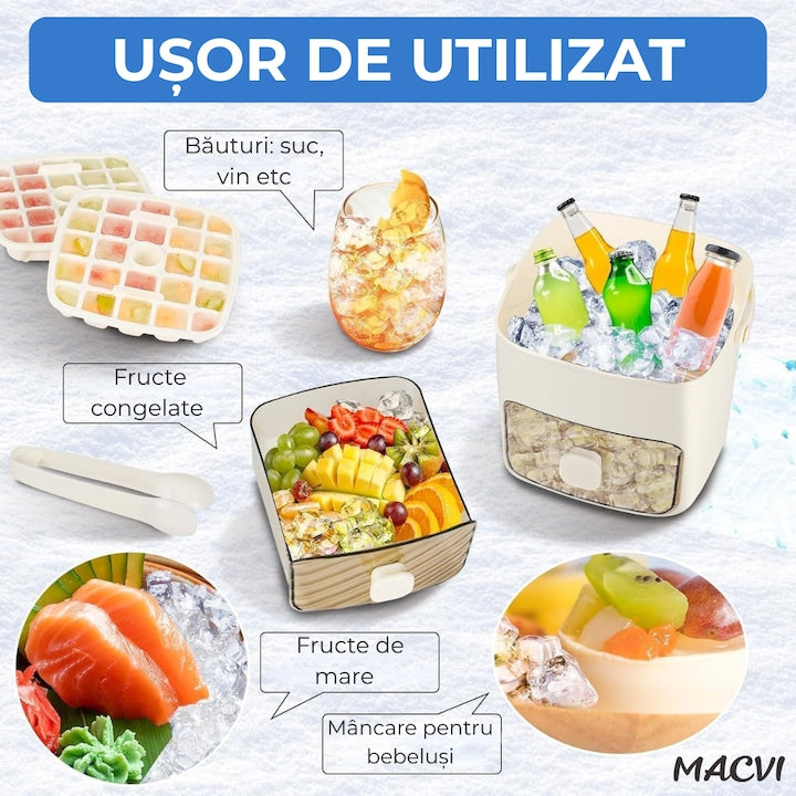 Cutie gheata Macvi® cu sertar detasabil si cleste pentru servire igienica capacitate 1.5L design compact alb mat