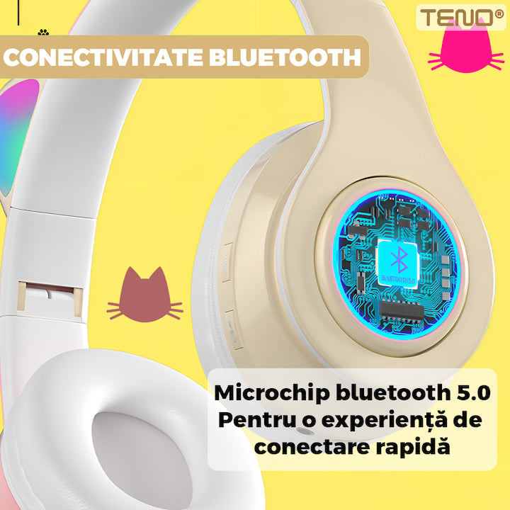 Casti Wireless Model Pisica Teno®, B39, overear, urechi de pisica cu iluminare RGB, bluetooth 5.0, handsfree, HiFi, bass stereo, kaki