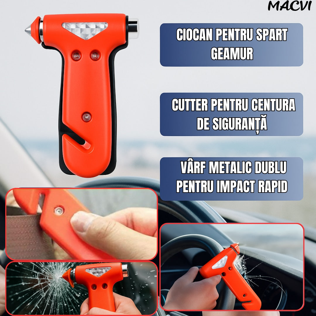 Ciocan de urgenta auto Macvi® 3 in 1, ABS rezistent, cu cutter pentru centura de siguranta si cap metalic pentru spart geamuri