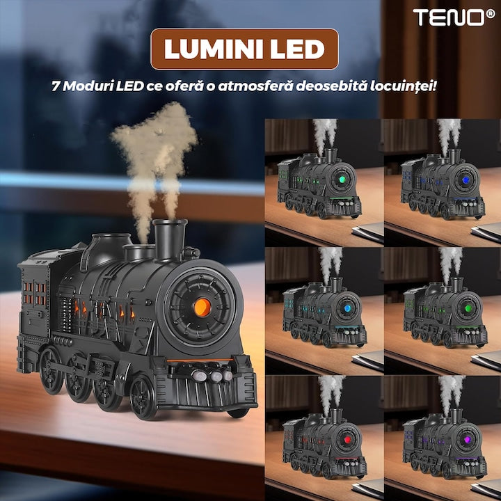 Difuzor Aromaterapie Teno®, forma de locomotiva, culori LED, lumini dinamice, control cu butoane, 2 moduri, capacitate 300ml, silentios, umidifica aerul, negru