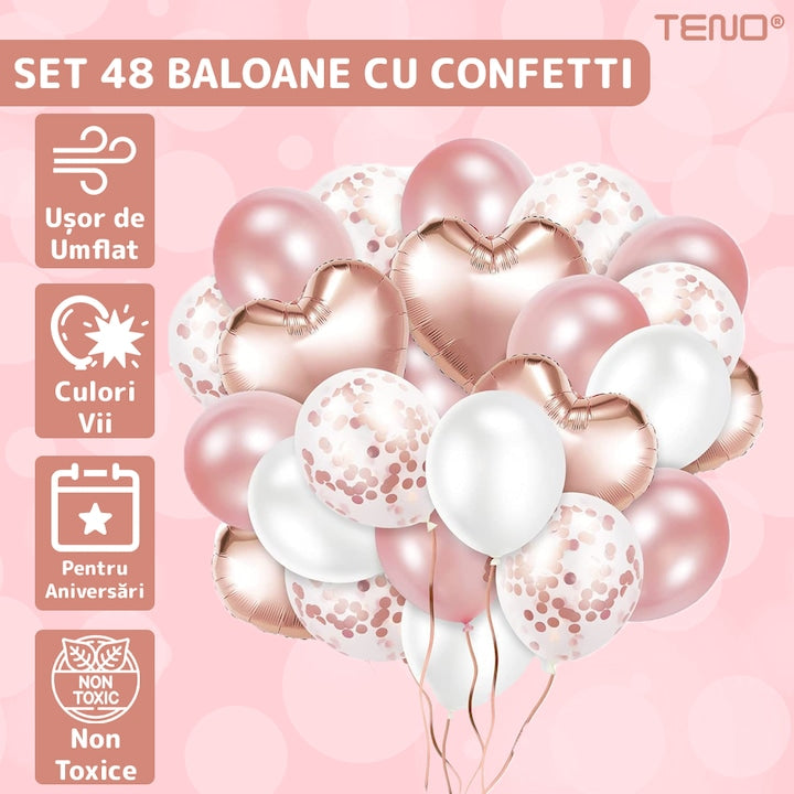 Set 48 Baloane Teno®, Confeti, Inimioara, pentru Petreceri/Aniversari/Evenimente, o singura dimensiune, 2 culori, latex, rose gold
